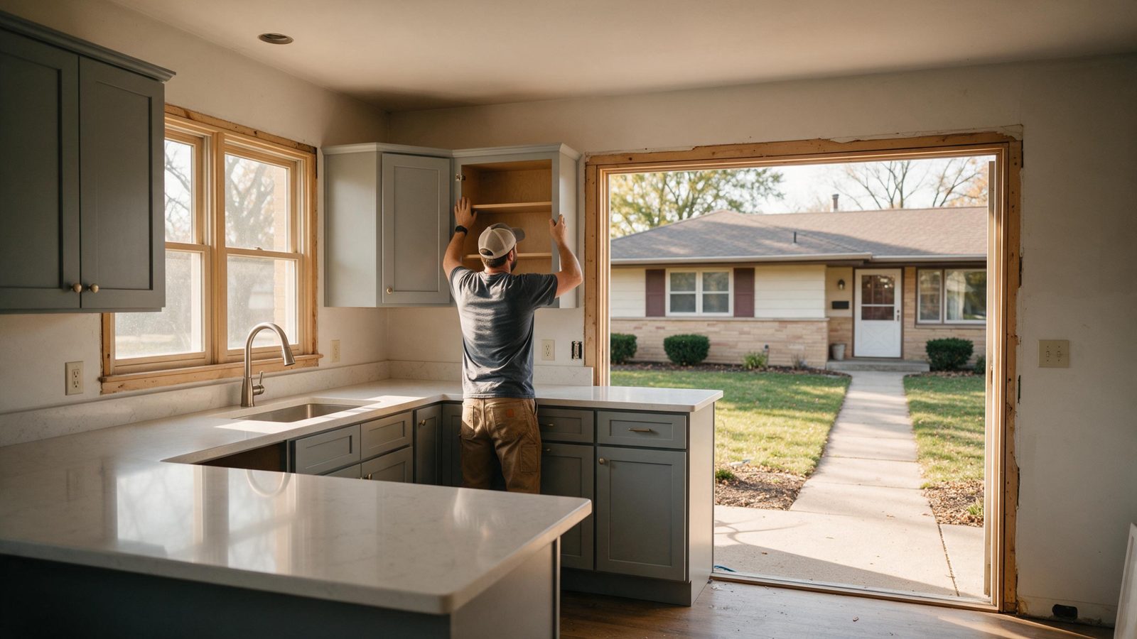 Worker carrying a cabinet into a kitchen with gray cabinets and white countertops, through an open wall facing the front yard, in Cedar Rapids, IA